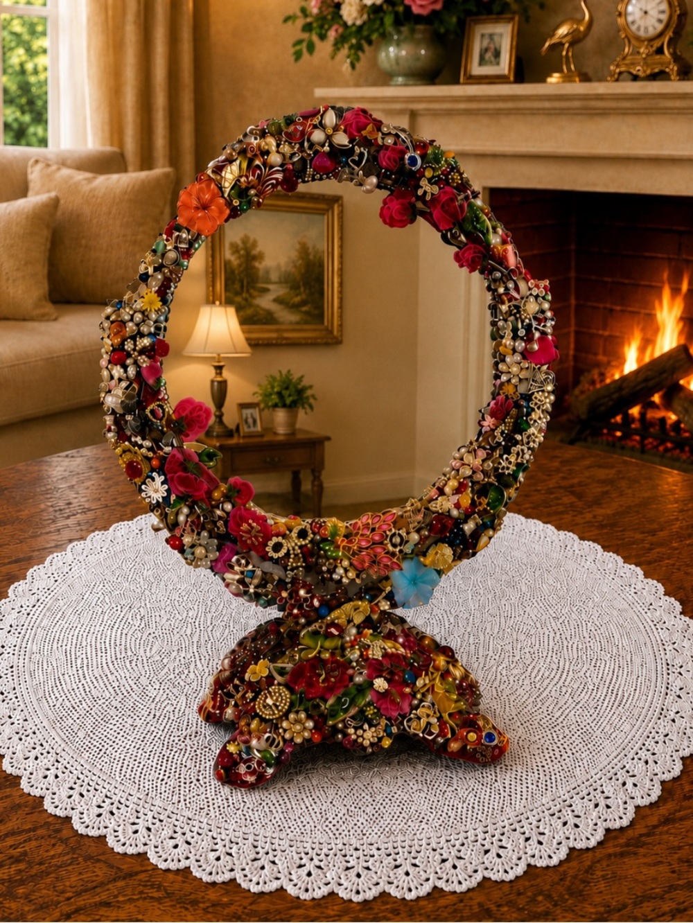 ONE OF A KIND!! Vintage Estate Large Embellished Tabletop Standing Mirror